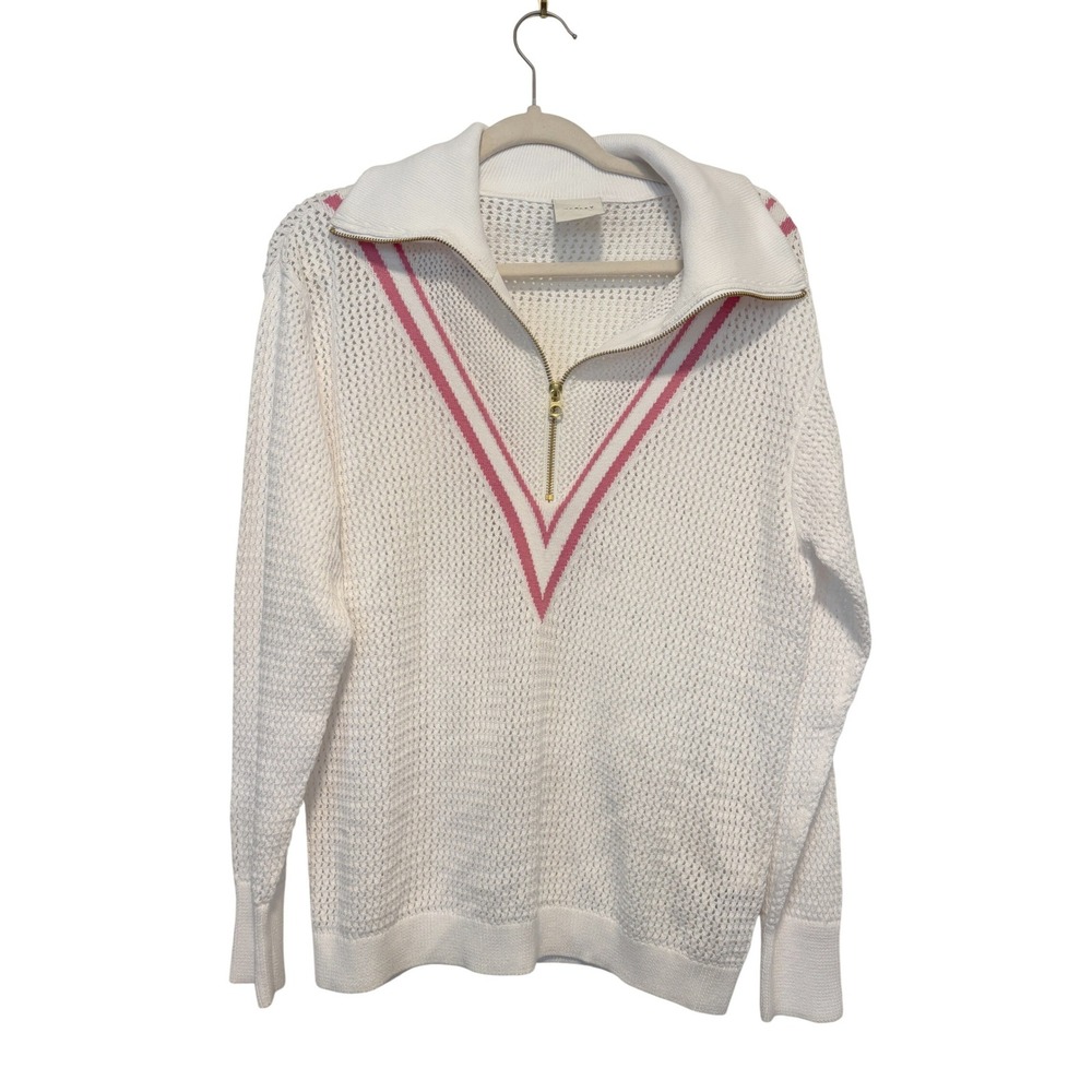 Varley Womens White Pink Chevron Half Zip Open Wide Knit Cotton Sweater Medium